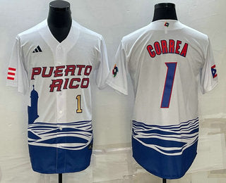 Mens Puerto Rico Baseball 1 Carlos Correa Number White 2023 World Baseball Classic Stitched Jerseys