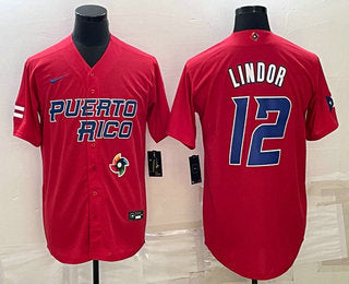 Mens Puerto Rico Baseball 12 Francisco Lindor 2023 Red World Baseball Classic Stitched Jersey