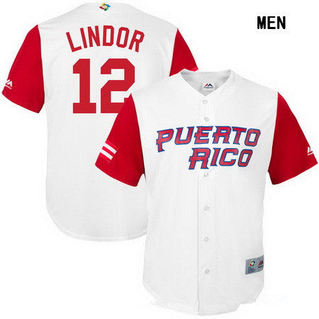 Mens Puerto Rico Baseball 12 Francisco Lindor Majestic White 2017 World Baseball Classic Stitched Replica Jersey