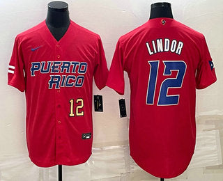 Mens Puerto Rico Baseball 12 Francisco Lindor Number 2023 Red World Baseball Classic Stitched Jersey
