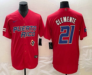 Mens Puerto Rico Baseball 21 Roberto Clemente 2023 Red World Classic Stitched Jersey