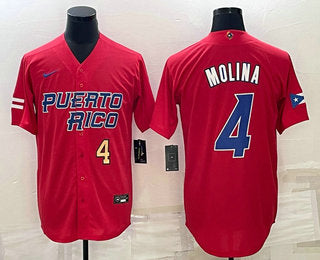 Mens Puerto Rico Baseball 4 Yadier Molina Number 2023 Red World Baseball Classic Stitched Jersey