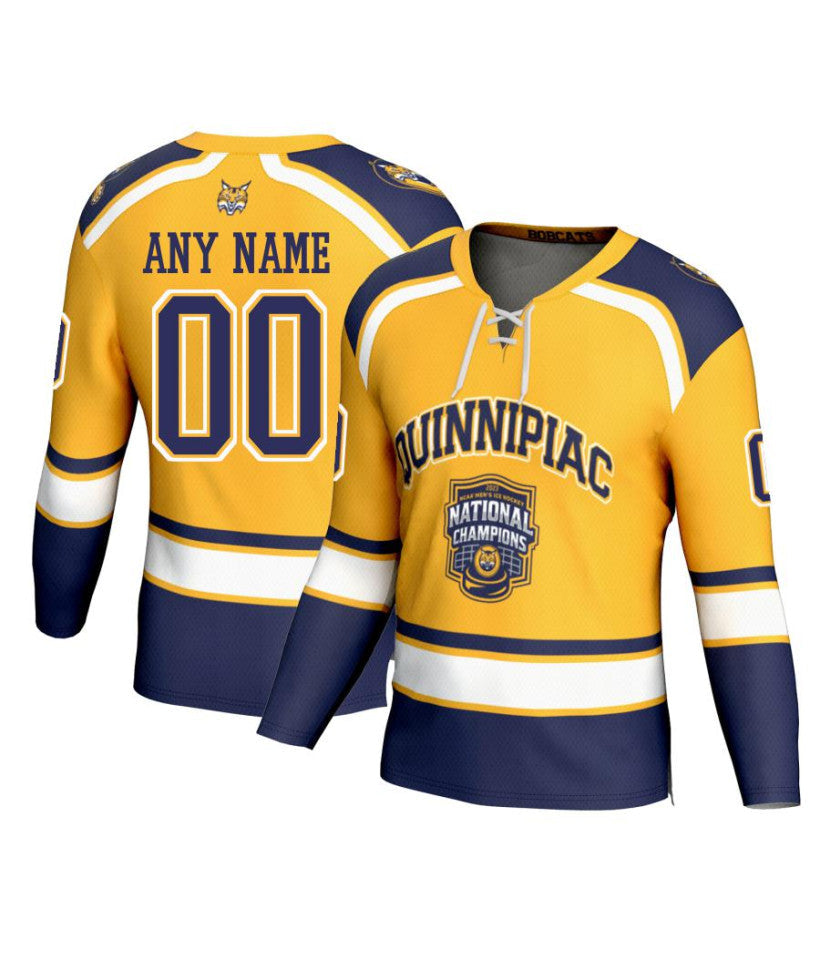 Men's Quinnipiac Bobcats Custom Gold Fashion 2023 National Champions Hockey Jers