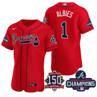 Mens Red Atlanta Braves 1 Ozzie Albies 2021 World Series Champions With 150th Anniversary Flex Base Stitched Jersey