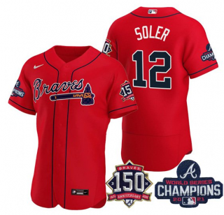 Mens Red Atlanta Braves 12 Jorge Soler 2021 World Series Champions With 150th Anniversary Flex Base Stitched Jersey