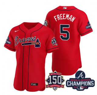 Mens Red Atlanta Braves 5 Freddie Freeman 2021 World Series Champions With 150th Anniversary Flex Base Stitched Jersey