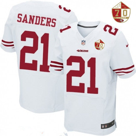 Mens San Francisco 49ers 21 Deion Sanders White 70th Anniversary Patch Stitched Nfl Nike Elite Jersey