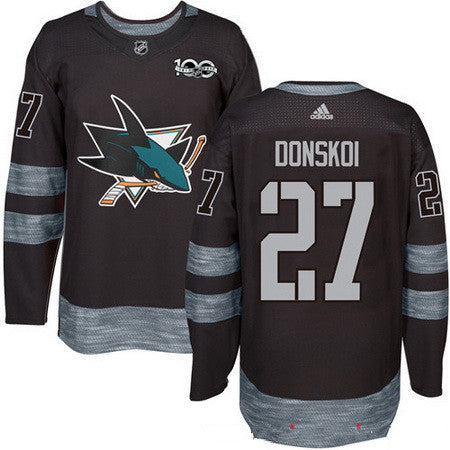 Mens San Jose Sharks 27 Joonas Donskoi Black 100th Anniversary Stitched Nhl 2017 Adidas Hockey Jersey