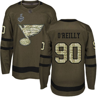 Mens St Louis Blues 90 Ryan Oreilly Green Salute To Service 2019 Stanley Cup Final Bound Stitched Hockey Jersey