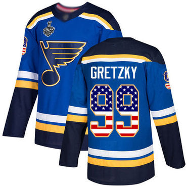 Mens St Louis Blues 99 Wayne Gretzky Blue Home Authentic Usa Flag 2019 Stanley Cup Final Bound Stitched Hockey Jersey