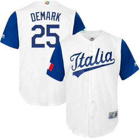 Mens Team Italy Baseball Majestic 25 Mike Demark White 2017 World Baseball Classic Stitched Replica Jersey
