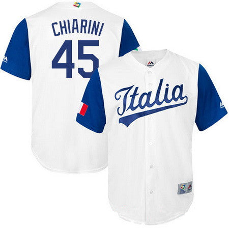 Mens Team Italy Baseball Majestic 45 Mario Chiarini White 2017 World Baseball Classic Stitched Replica Jersey