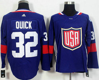Mens Team Usa 32 Jonathan Quick Navy Blue 2016 World Cup Of Hockey Game Jersey