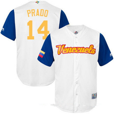 Mens Team Venezuela Baseball Majestic 14 Martin Prado White 2017 World Baseball Classic Stitched Replica Jersey
