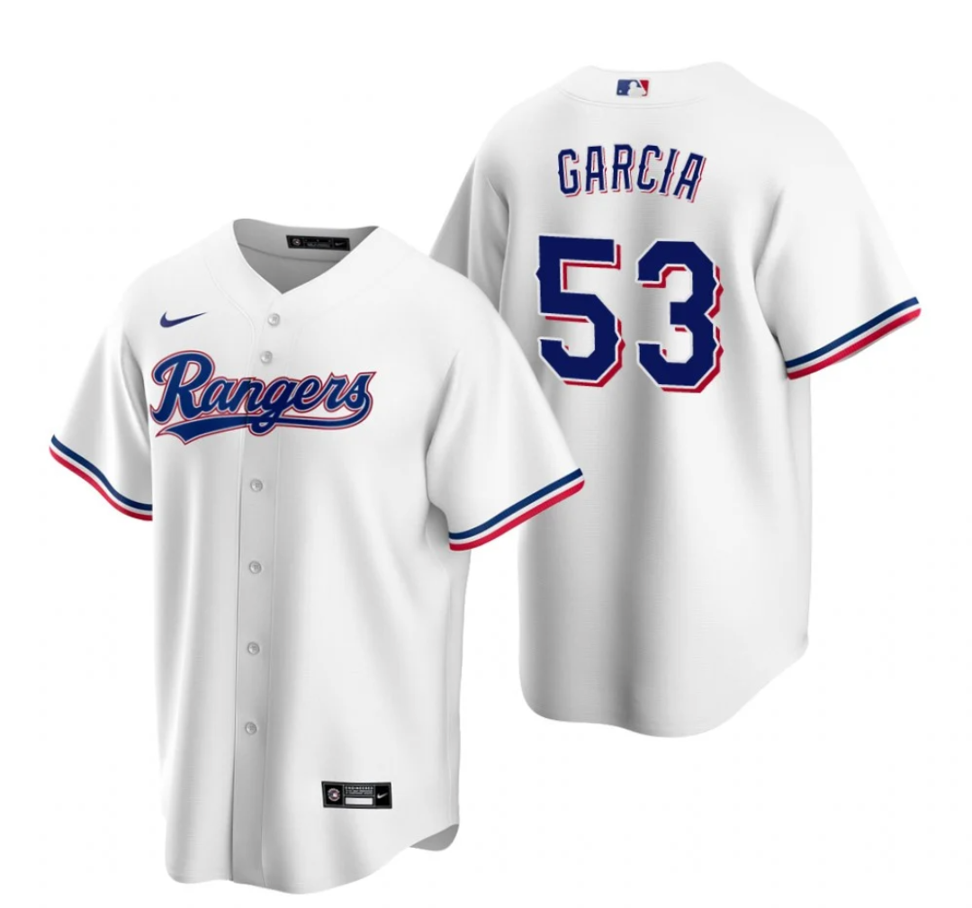 Mens Texas Rangers 53 Adolis Garcia White Cool Base Stitched Baseball Jersey