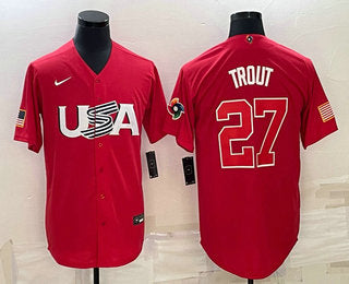 Mens Usa Baseball 27 Mike Trout 2023 Red World Classic Stitched Jersey