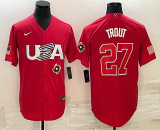 Mens Usa Baseball 27 Mike Trout 2023 Red World Classic Stitched Jerseys