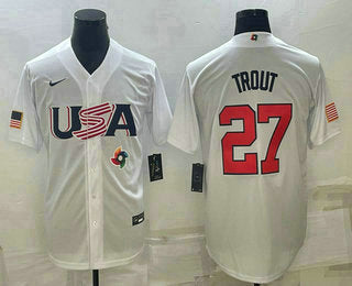 Mens Usa Baseball 27 Mike Trout 2023 White World Baseball Classic Replica Stitched Jersey