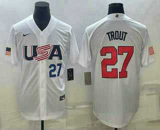 Mens Usa Baseball 27 Mike Trout Number 2023 White World Baseball Classic Replica Stitched Jersey