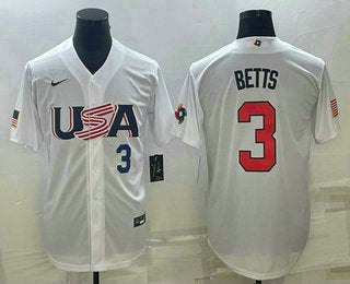 Mens Usa Baseball 3 Mookie Betts Number 2023 White World Baseball Classic Replica Stitched Jerseys