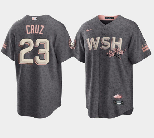 Mens Washington Nationals 23 Nelson Cruz 2022 Grey City Connect Cherry Blossom Cool Base Stitched Jersey