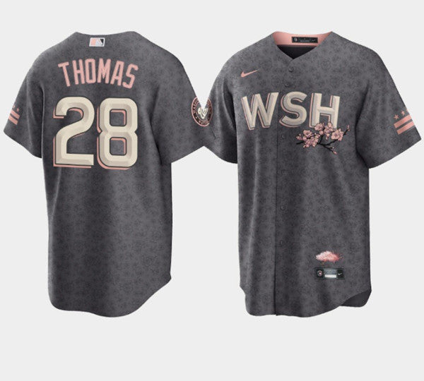 Mens Washington Nationals 28 Lane Thomas 2022 Grey City Connect Cherry Blossom Cool Base Stitched Jersey