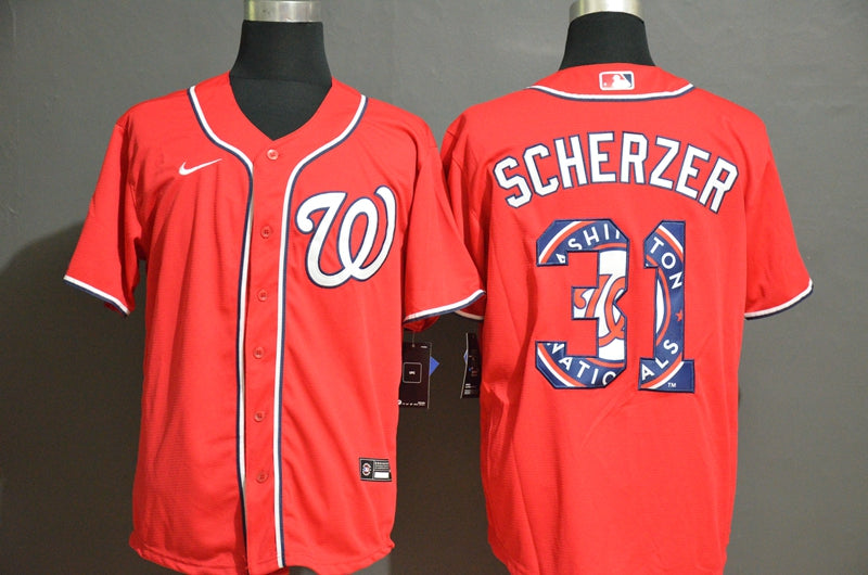 Mens Washington Nationals 31 Max Scherzer Red Team Logo Stitched Mlb Cool Base Nike Jersey