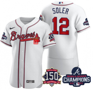 Mens White Atlanta Braves 12 Jorge Soler 2021 World Series Champions With 150th Anniversary Flex Base Stitched Jersey