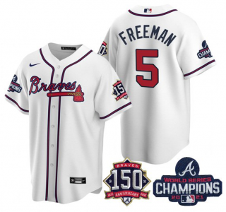 Mens White Atlanta Braves 5 Freddie Freeman 2021 World Series Champions With 150th Anniversary Patch Cool Base Stitched Jersey