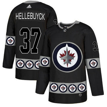 Mens Winnipeg Jets 37 Connor Hellebuyck Black Team Logos Fashion Adidas Jersey