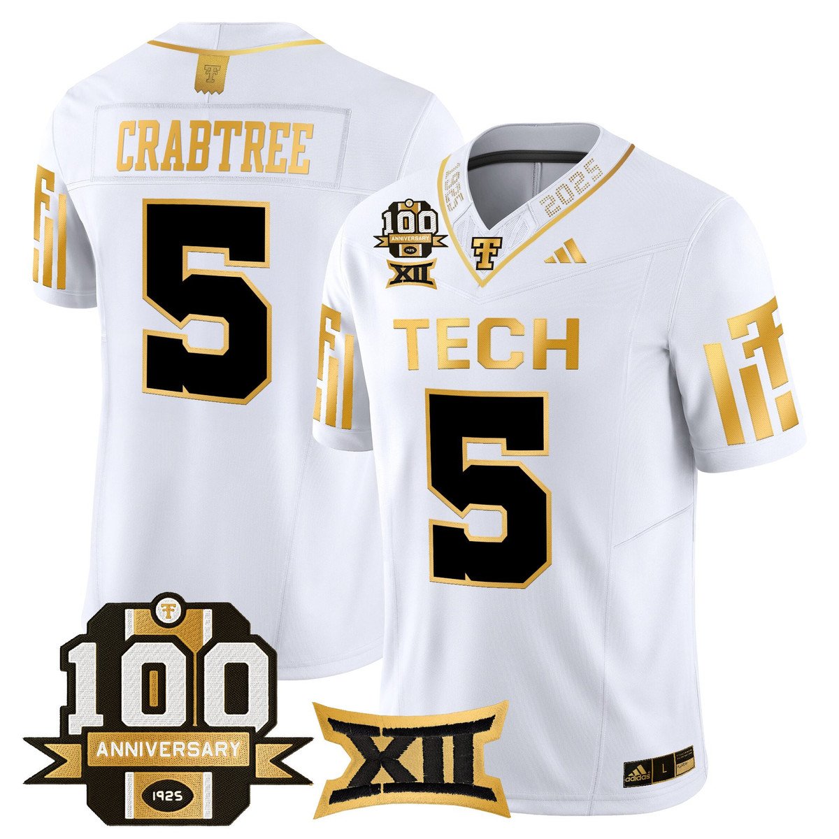 Michael Crabtree Jersey #5 Texas Tech 2025 100th Anniversary Stitched White Gold