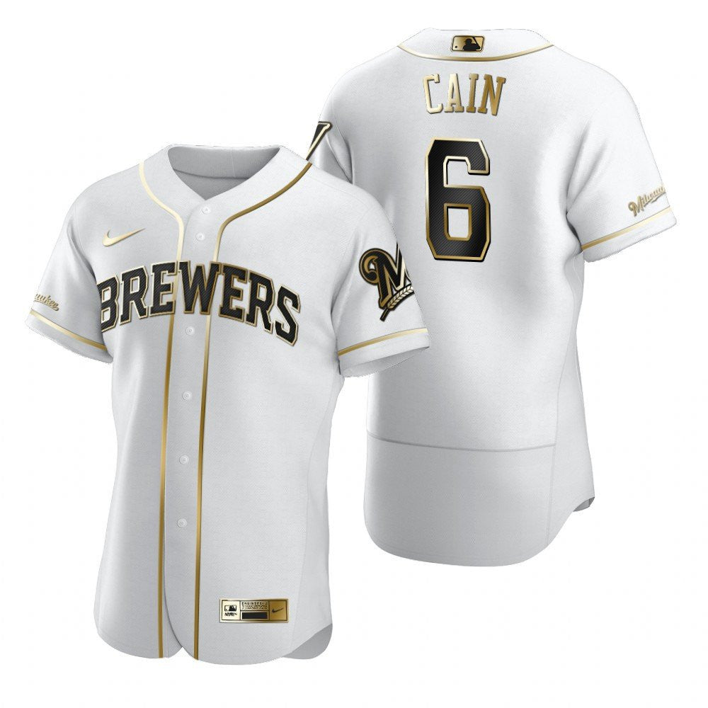 Milwaukee Brewers 6 Lorenzo Cain Mlb Golden Brandedition White Jersey Gift For Brewers Fans
