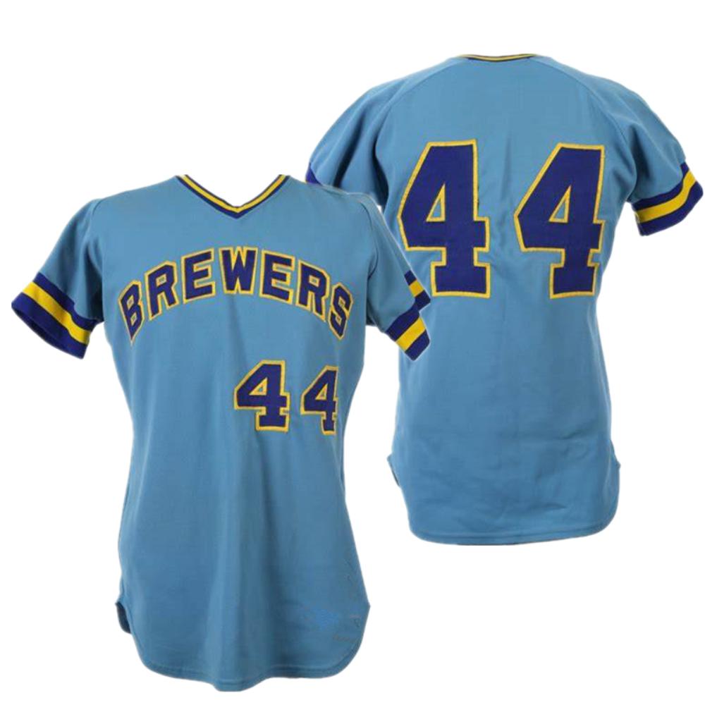 Milwaukee Brewers Hank Aaron Blue 1975 Throwback Pullover Jersey
