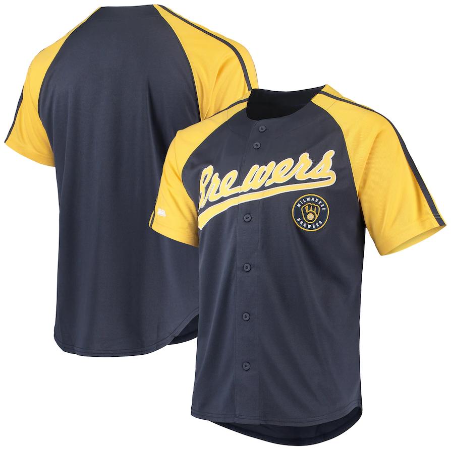 Milwaukee Brewers Navy Stitches Button-Down Raglan Replica Jersey Baseball Jerse