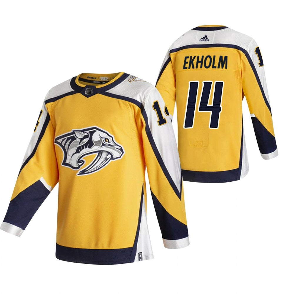 Nashville Predators 14 Mattias Ekholm Yellow Mens Adidas 2020 21 Reverse Retro Alternate Nhl Jersey