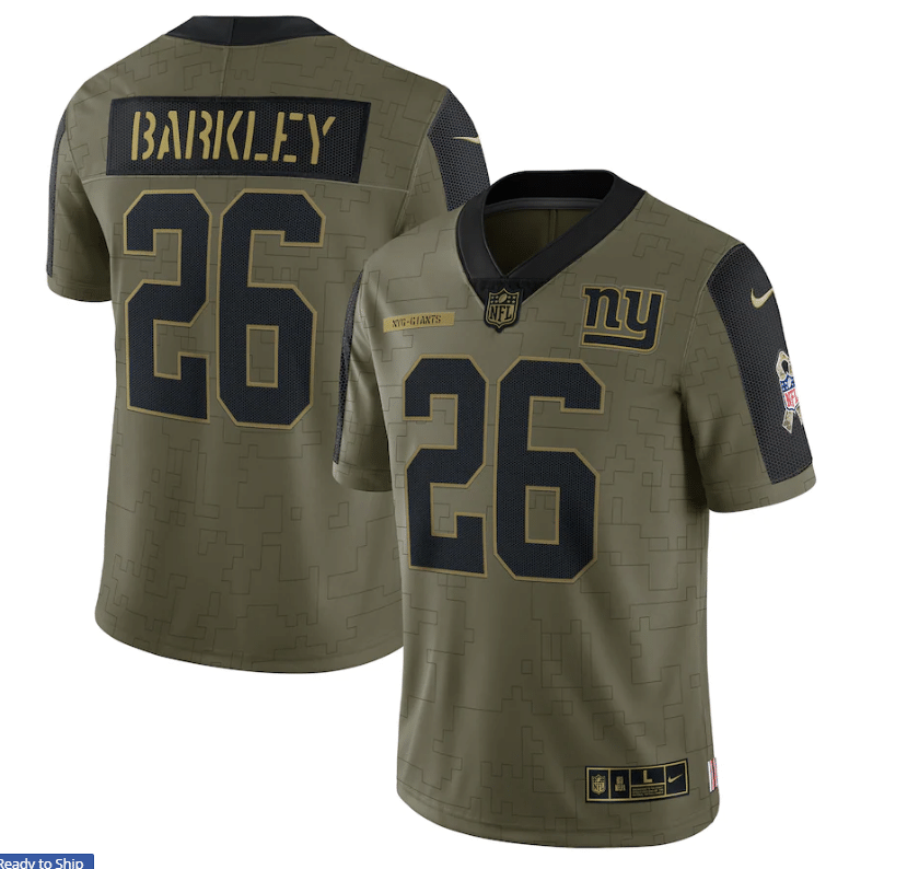 New York Giants Saquon Barkley 26 Nfl Olive 2021 Salute To Service Retired Player Men Jersey For Giants Fans