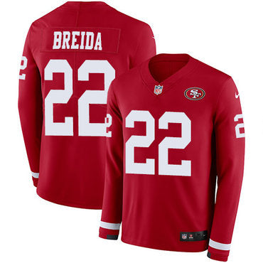 Nike 49ers 22 Matt Breida Red Team Color Mens Stitched Nfl Limited Therma Long Sleeve Jersey