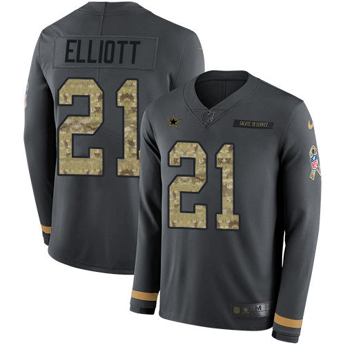 Nike Cowboys 21 Ezekiel Elliott Anthracite Salute To Service Mens Stitched Nfl Limited Therma Long Sleeve Jersey