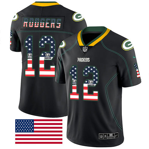 Nike Packers 12 Aaron Rodgers Black Mens Stitched Nfl Limited Rush Usa Flag Jersey