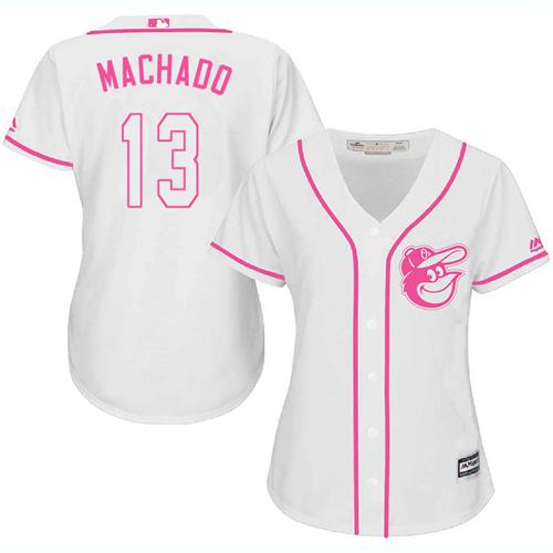 Orioles 13 Manny Machado White Pink Fashion Womens Stitched Baseball Jersey