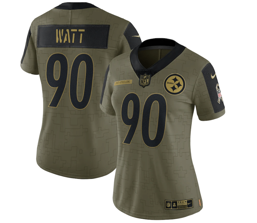 Pittsburgh Steelers Tj Watt 90 Nfl Olive 2021 Salute To Service Player Women Jersey For Steelers Fans