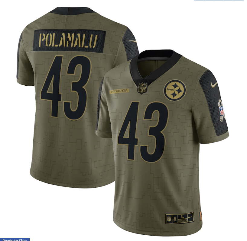 Pittsburgh Steelers Troy Polamalu 43 Nfl Olive 2021 Salute To Service Player Men Jersey For Steelers Fans