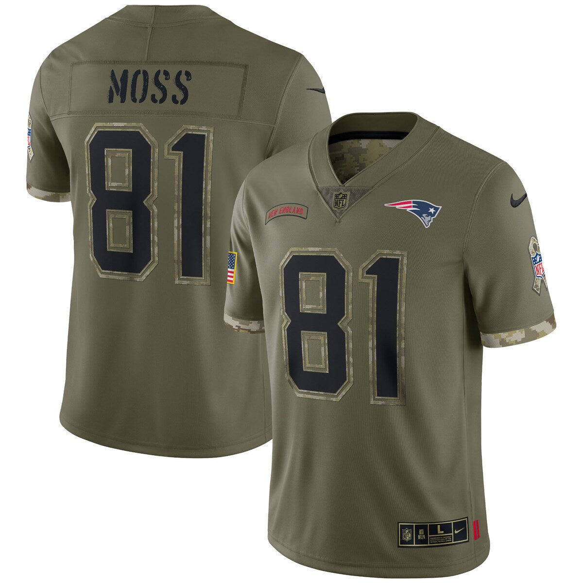 Randy Moss New England Patriots 2022 Salute To Service Retired Player Limited Jersey Olive