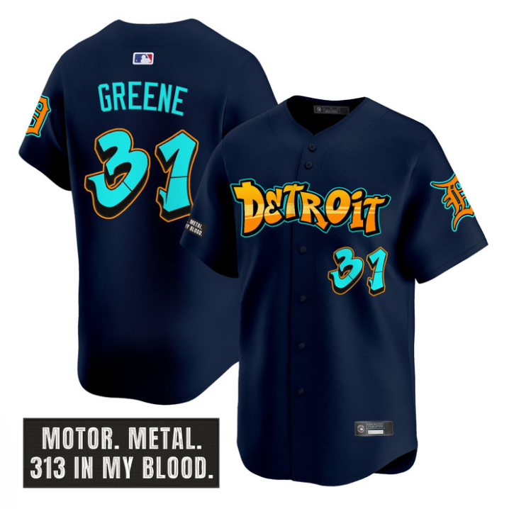 Riley Greene Jersey #31 Detroit Tigers Graffiti Motor City Edition Navy