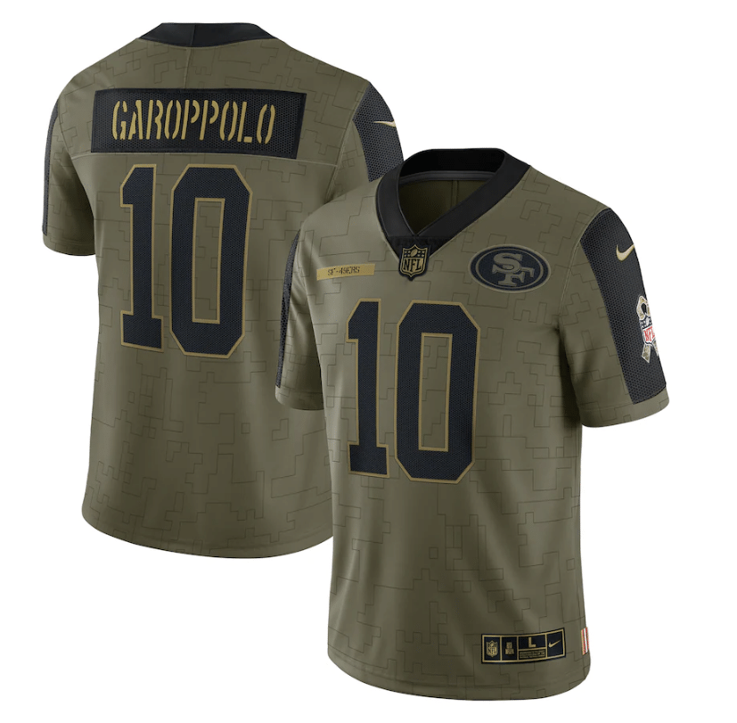 San Francisco 49ers Jimmy Garoppolo 10 Nfl Olive 2021 Salute To Service Retired Player Men Jersey For 49ers Fans