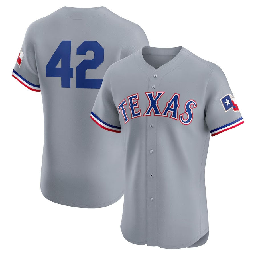 Texas Rangers Road 2024 #42 Jackie Robinson Day Elite Jersey Gray Baseball Jer