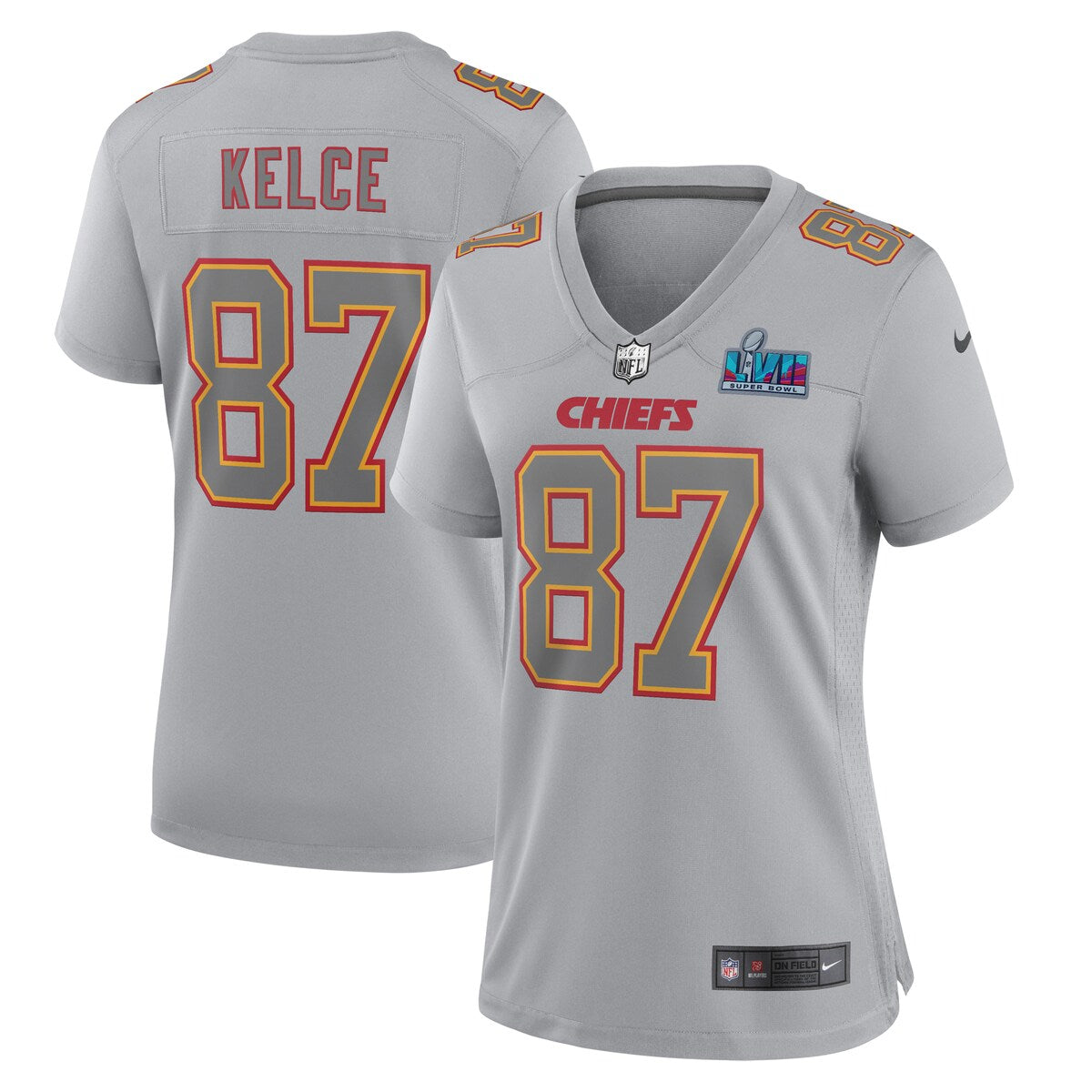 Travis Kelce Kansas City Chiefs Nike Womens Super Bowl Lvii Patch Atmosphere Fashion Game Jersey Gray
