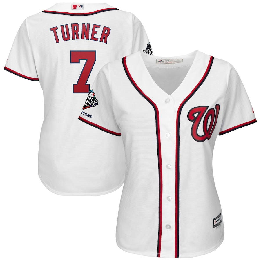 Trea Turner Washington Nationals Majestic Womens 2019 World Series Champions Home Official Cool Base Bar Patch Player Jersey White