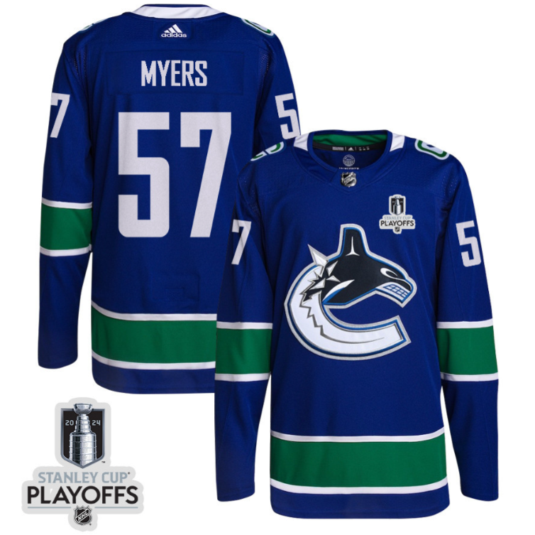 Tyler Myers 57 Vancouver Canucks 2024 NHL Playoffs Patch Home Jersey Men, Blue