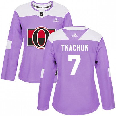 Womens Authentic Ottawa Senators 7 Brady Tkachuk Adidas Fights Cancer Practice Purple Jersey